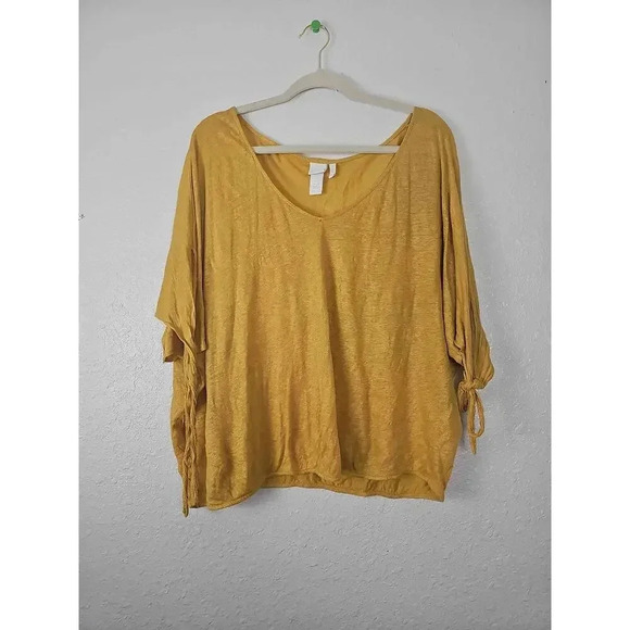H&M Mustard Yellow Linen Tie Sleeve V-Neck Top Size XL - Picture 1 of 6